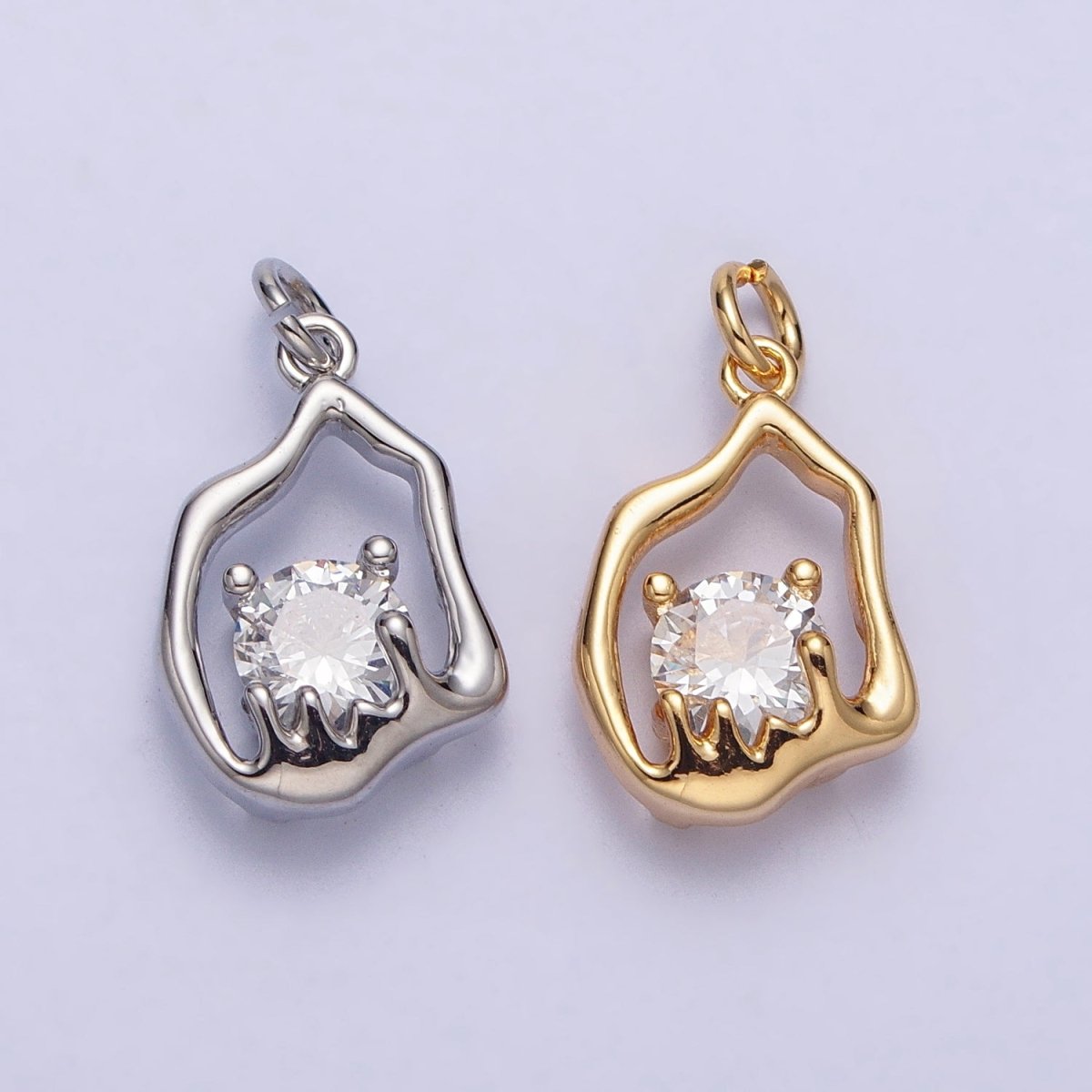 Gold, Silver Abstract Molten Drip Round Clear CZ Cubic Zirconia Charm | AC243 AC244