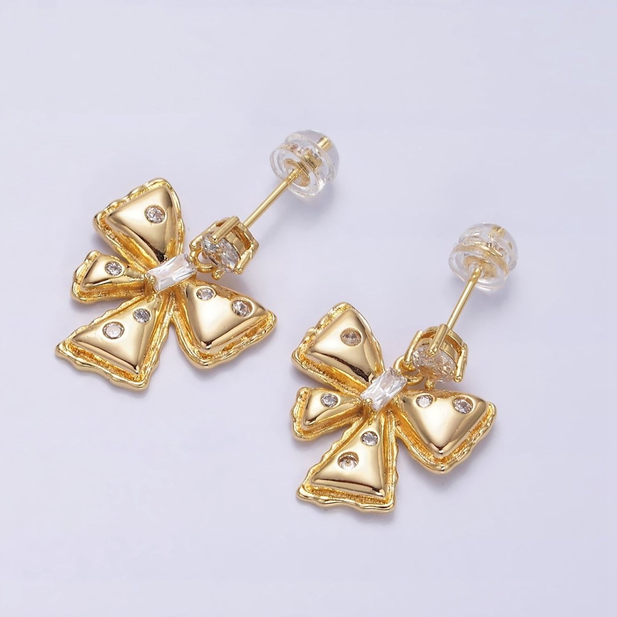Gold, Silver and Gold Ribbon Bow Puffed CZ Dotted Baguette Teardrop Drop Stud Earrings | AD982-AD983