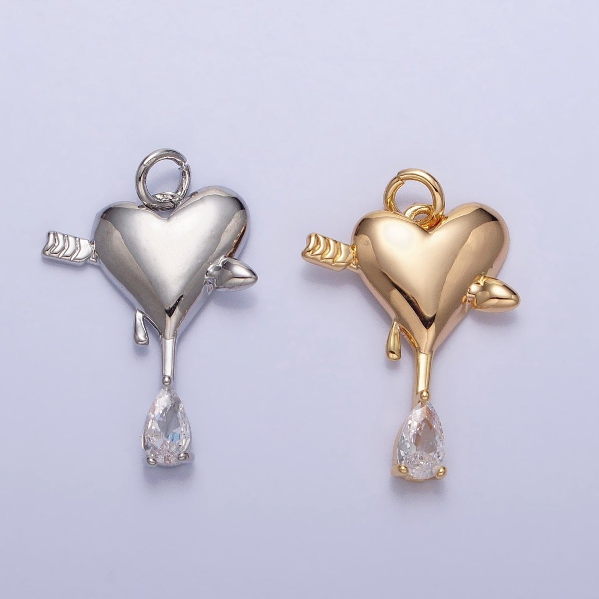 Gold, Silver Arrowed Heart Molten Drip Clear Teardrop CZ Add-On Charm | AC763 AC764