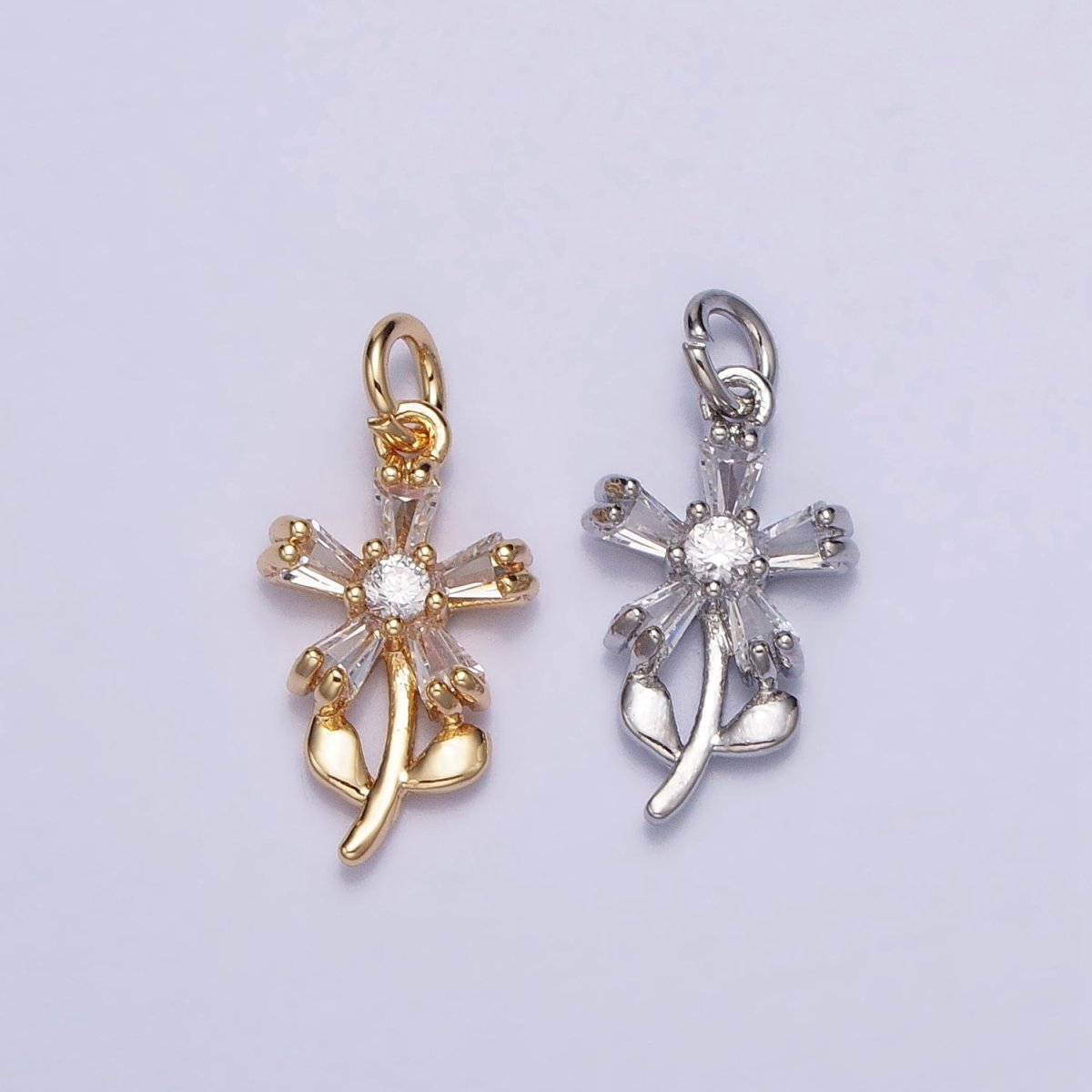 Gold, Silver Baguette CZ Nature Daisy Flower Mini Add-On Charm | AC673 AC674
