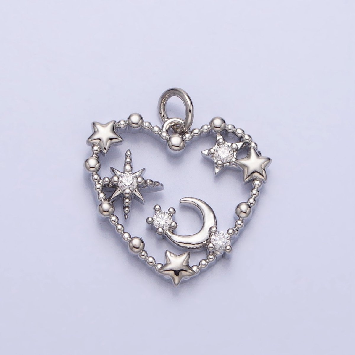 Gold, Silver Beaded Celestial Crescent Moon Stars CZ Open Heart Charm | AC743 AC744