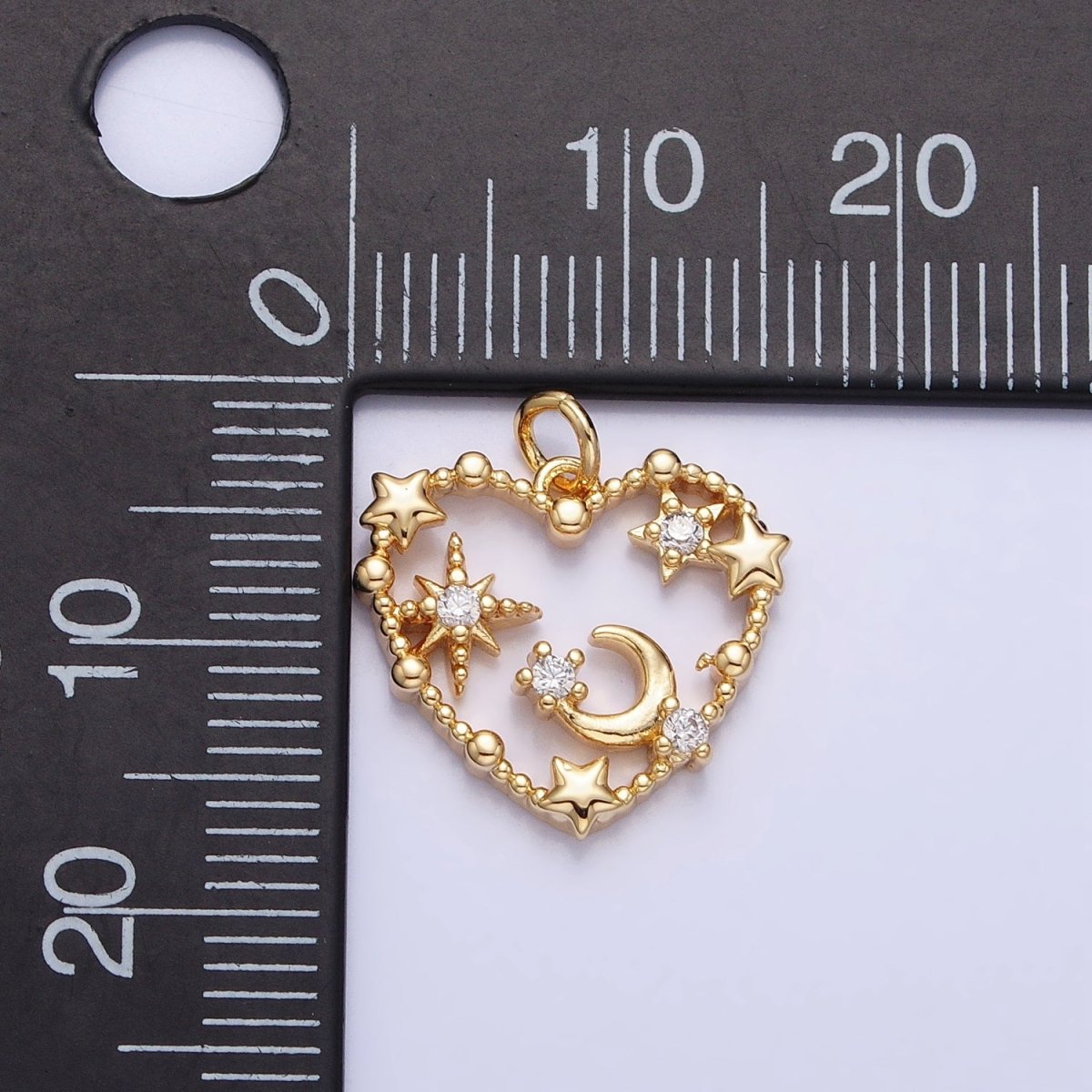 Gold, Silver Beaded Celestial Crescent Moon Stars CZ Open Heart Charm | AC743 AC744