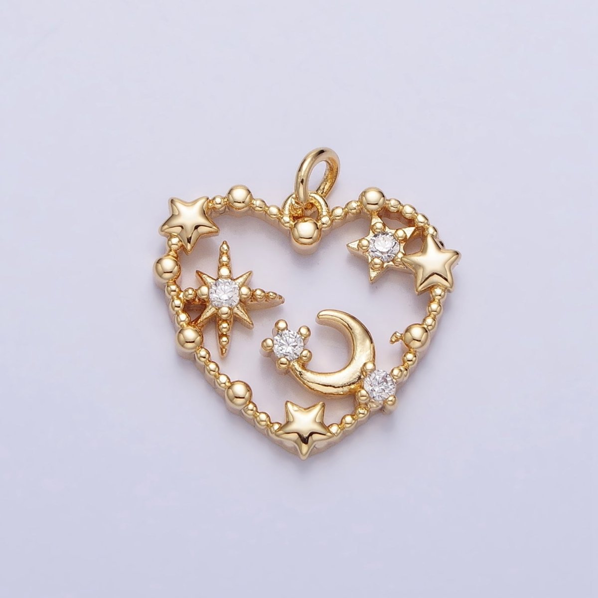 Gold, Silver Beaded Celestial Crescent Moon Stars CZ Open Heart Charm | AC743 AC744