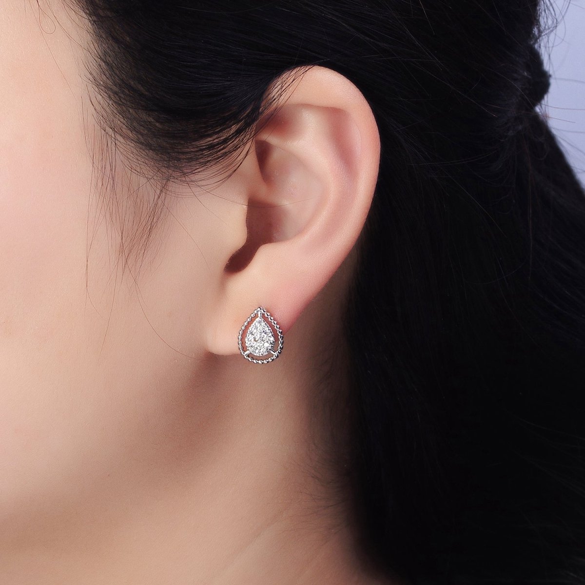 Gold, Silver Beaded Clear, Green, Pink Micro Paved Teardrop CZ Stud Earrings | AB477 AB753 AB754 AB773 - AB775