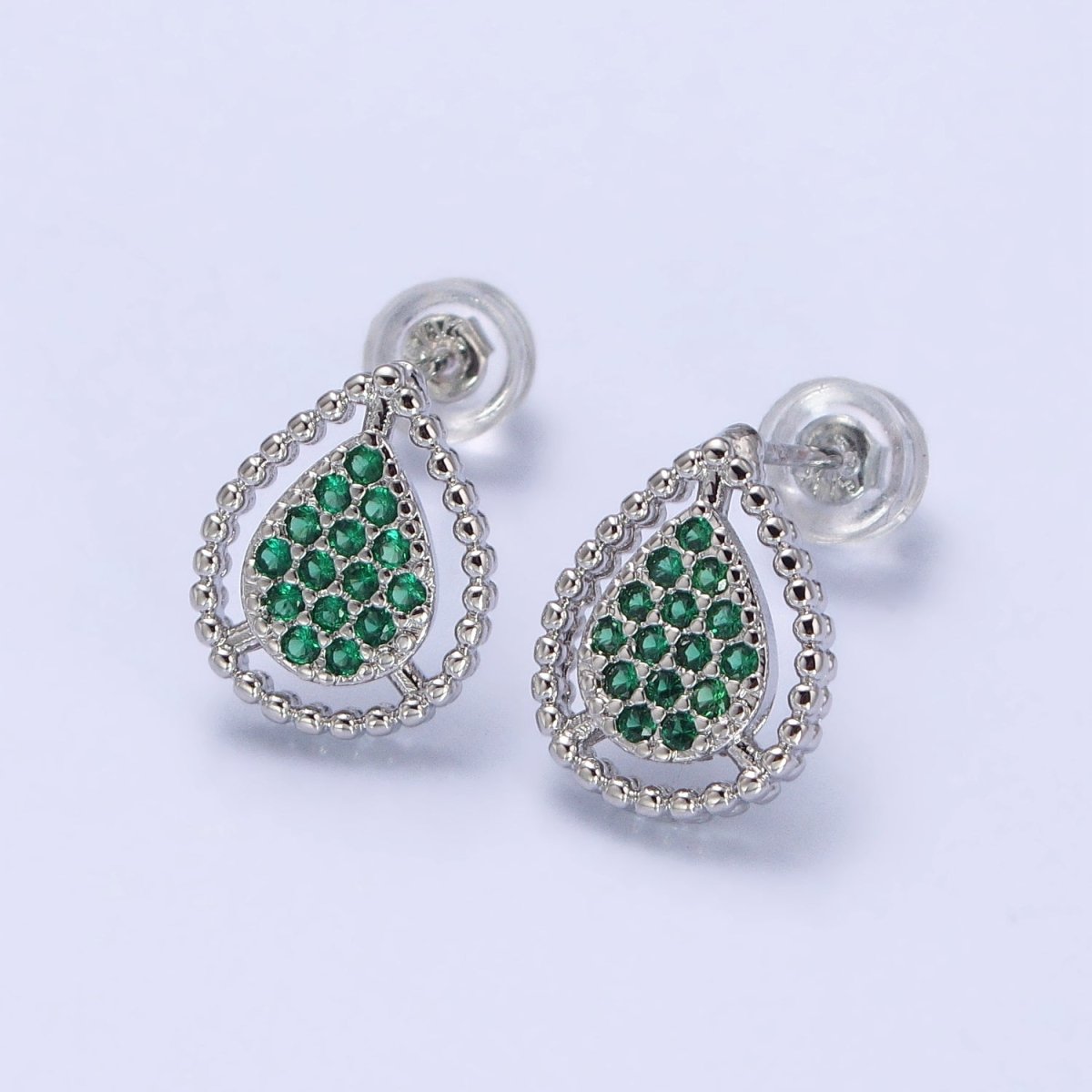 Gold, Silver Beaded Clear, Green, Pink Micro Paved Teardrop CZ Stud Earrings | AB477 AB753 AB754 AB773 - AB775