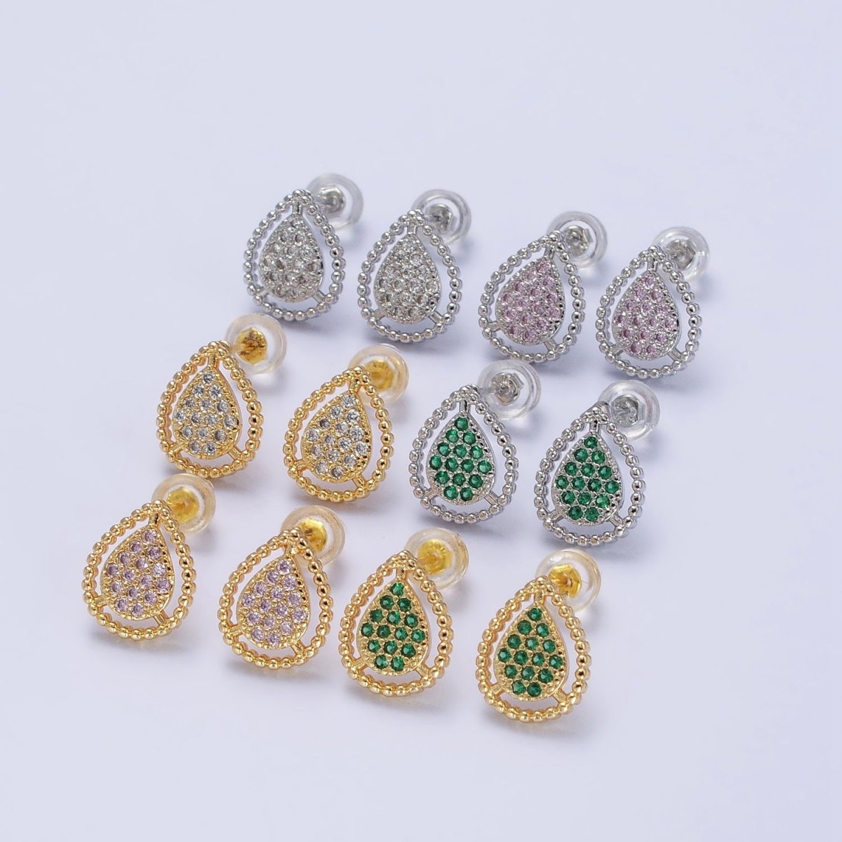 Gold, Silver Beaded Clear, Green, Pink Micro Paved Teardrop CZ Stud Earrings | AB477 AB753 AB754 AB773 - AB775