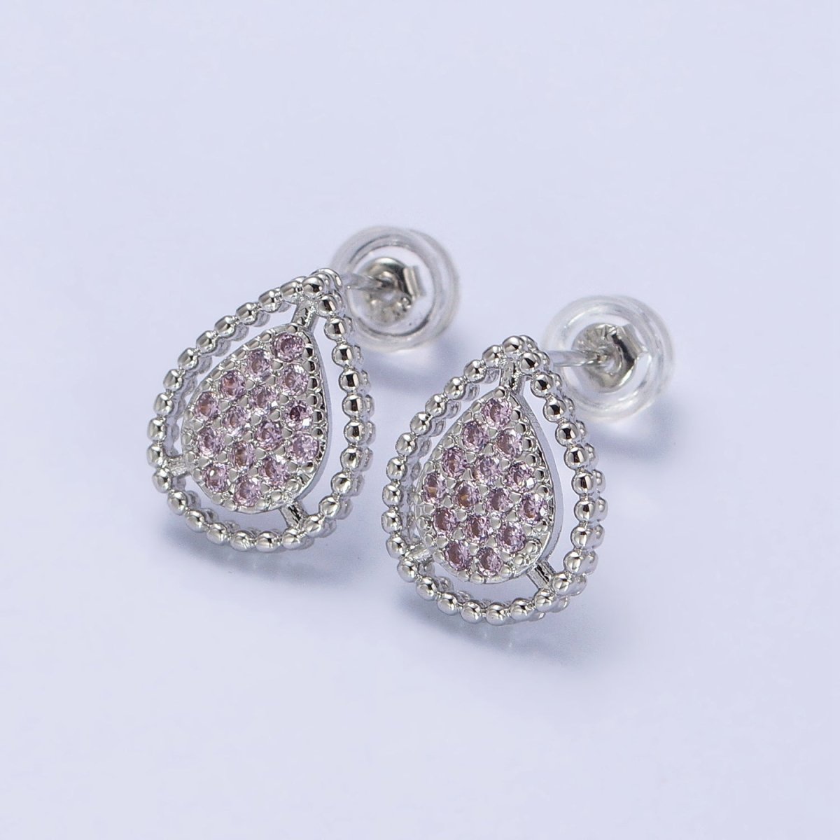 Gold, Silver Beaded Clear, Green, Pink Micro Paved Teardrop CZ Stud Earrings | AB477 AB753 AB754 AB773 - AB775