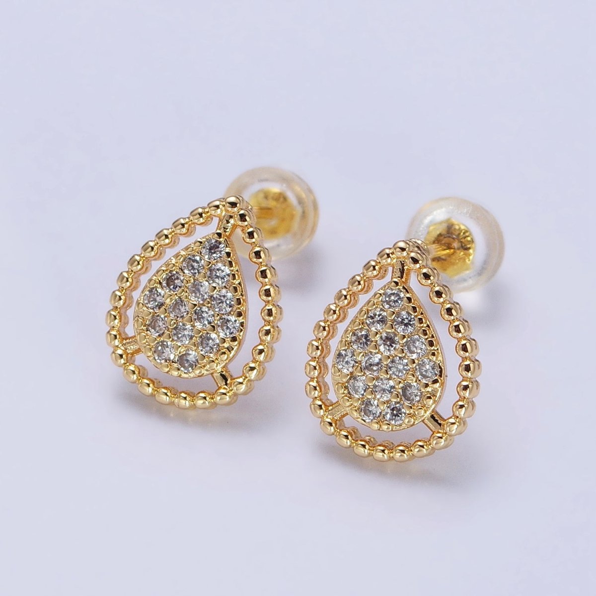 Gold, Silver Beaded Clear, Green, Pink Micro Paved Teardrop CZ Stud Earrings | AB477 AB753 AB754 AB773 - AB775