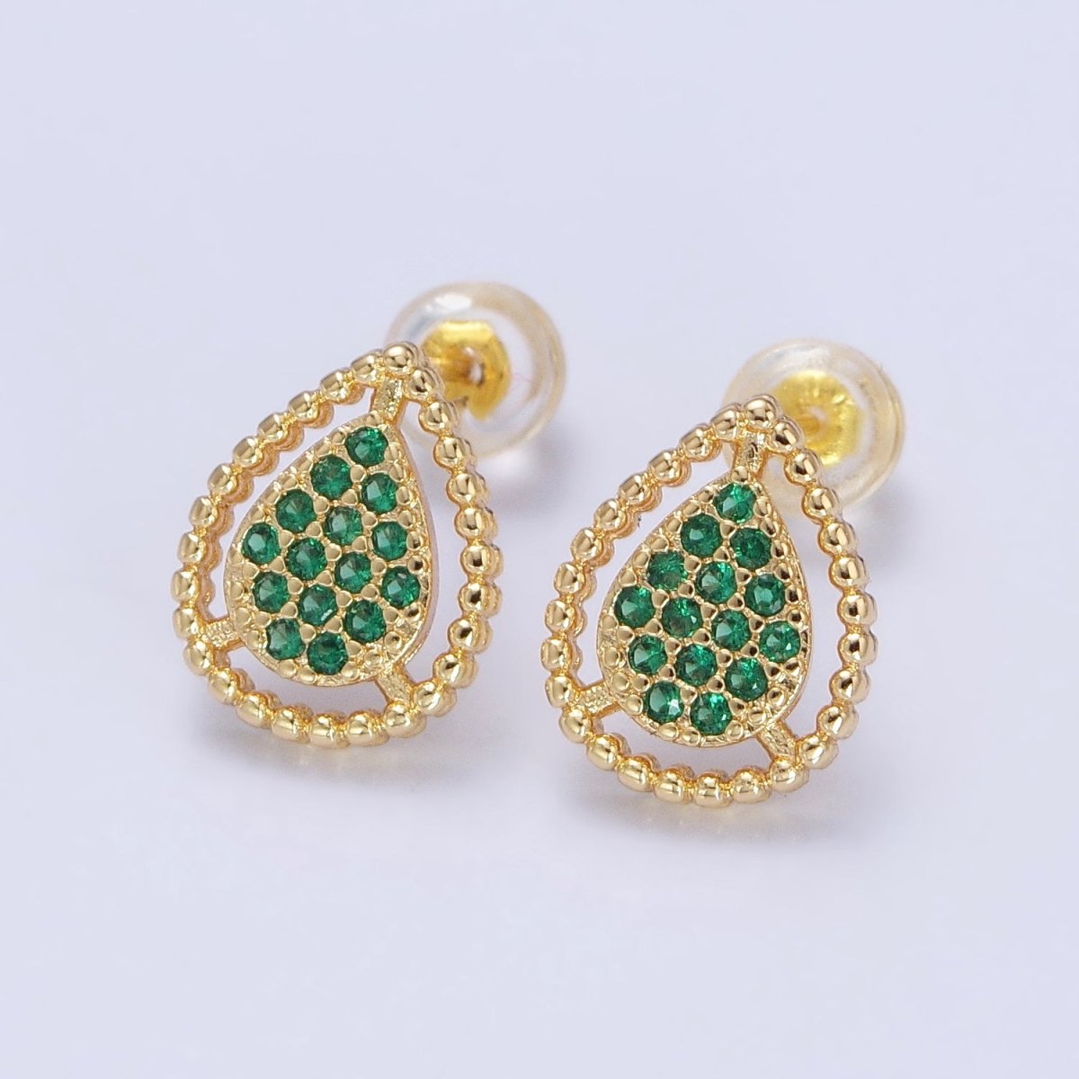 Gold, Silver Beaded Clear, Green, Pink Micro Paved Teardrop CZ Stud Earrings | AB477 AB753 AB754 AB773 - AB775