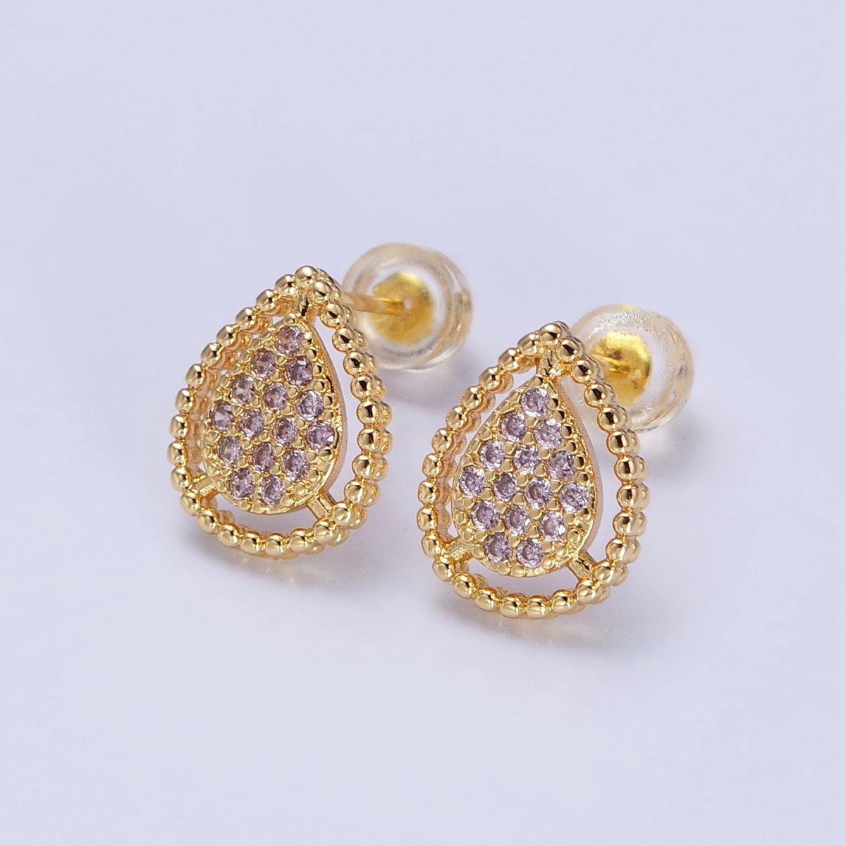 Gold, Silver Beaded Clear, Green, Pink Micro Paved Teardrop CZ Stud Earrings | AB477 AB753 AB754 AB773 - AB775