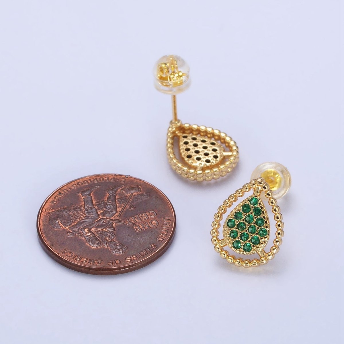 Gold, Silver Beaded Clear, Green, Pink Micro Paved Teardrop CZ Stud Earrings | AB477 AB753 AB754 AB773 - AB775