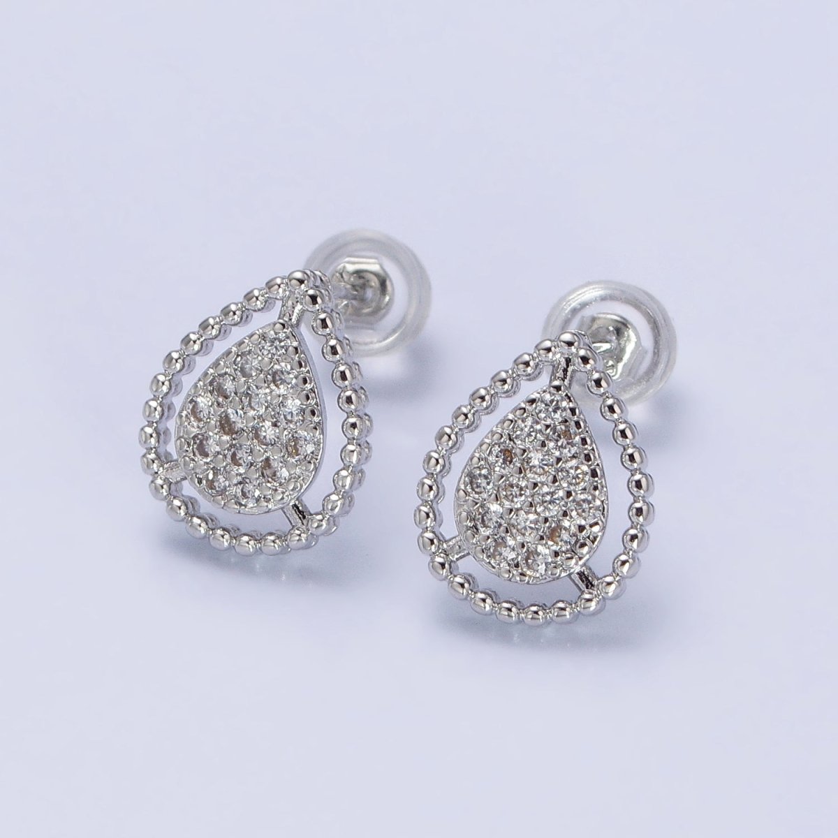 Gold, Silver Beaded Clear, Green, Pink Micro Paved Teardrop CZ Stud Earrings | AB477 AB753 AB754 AB773 - AB775