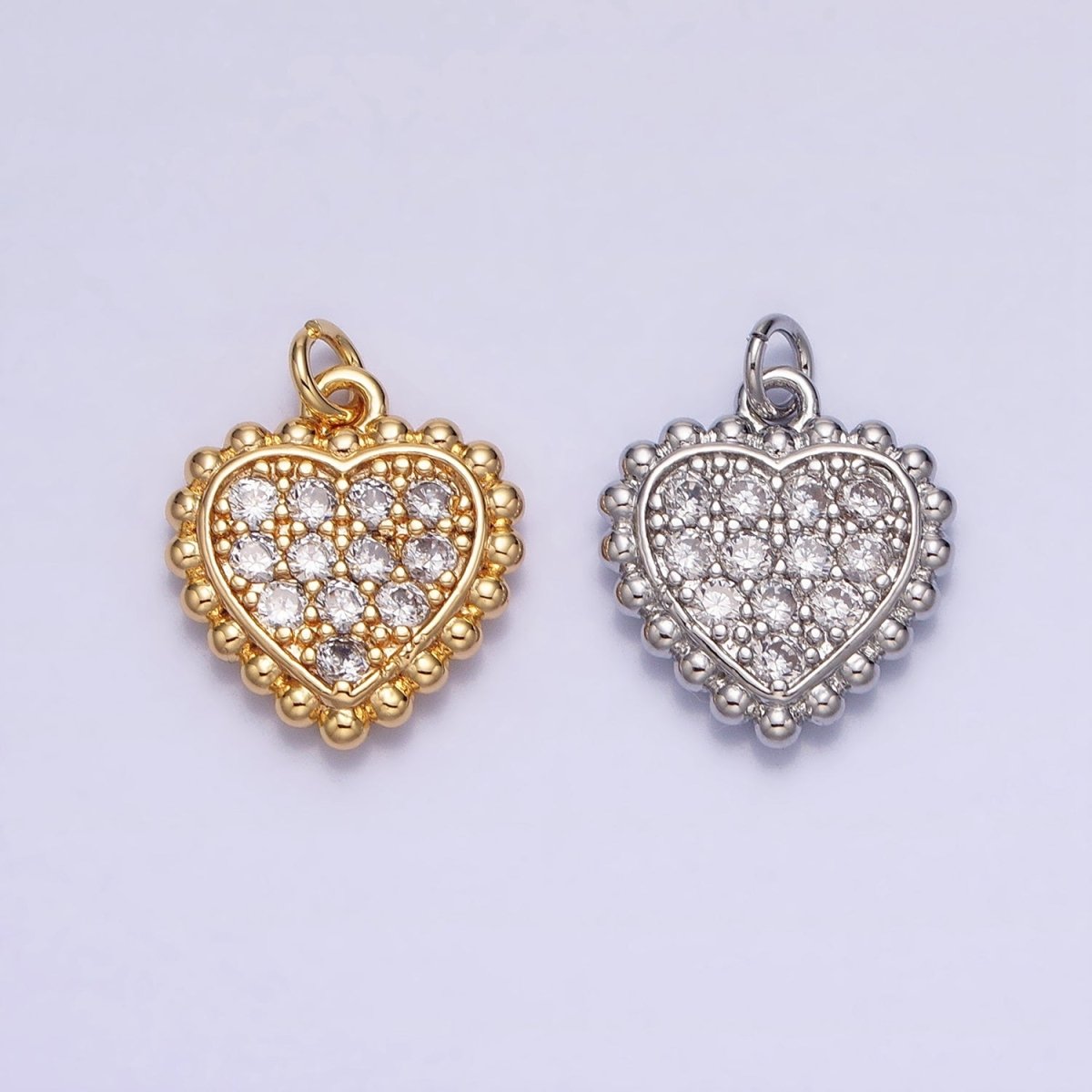 Gold, Silver Beaded Clear Micro Paved Heart Add-On Charm | AC603 AC623