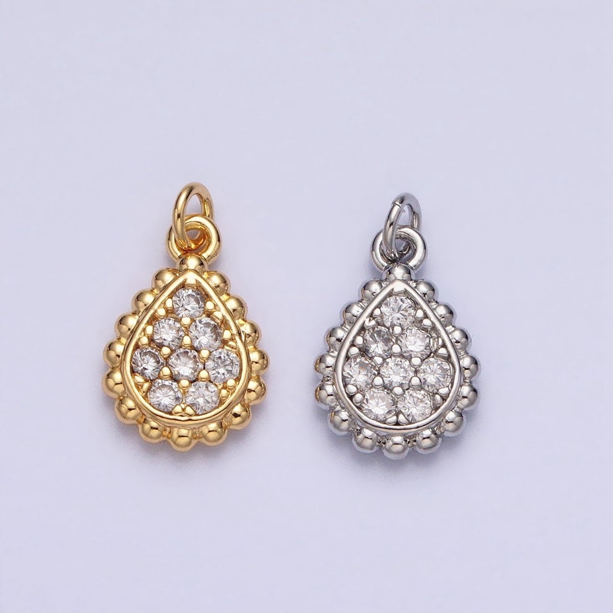 Gold, Silver Beaded Clear Micro Paved Teardrop Add-On Charm | AC615 AC616