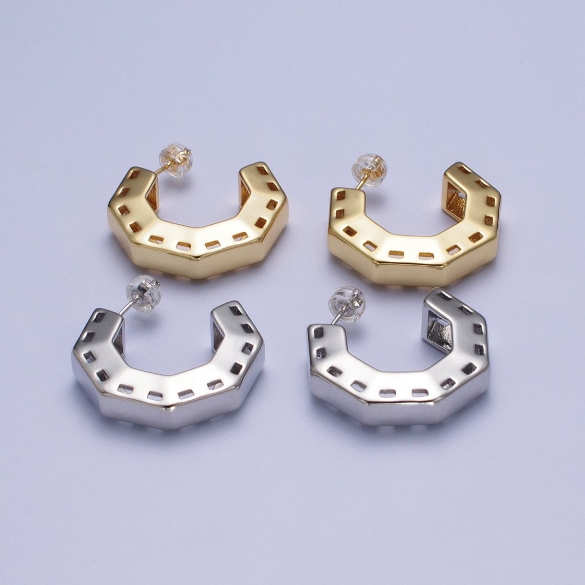 Gold / Silver Boxy Hexagonal Geometric C Shaped Hoop Stud Earrings | AE1095 AE1096