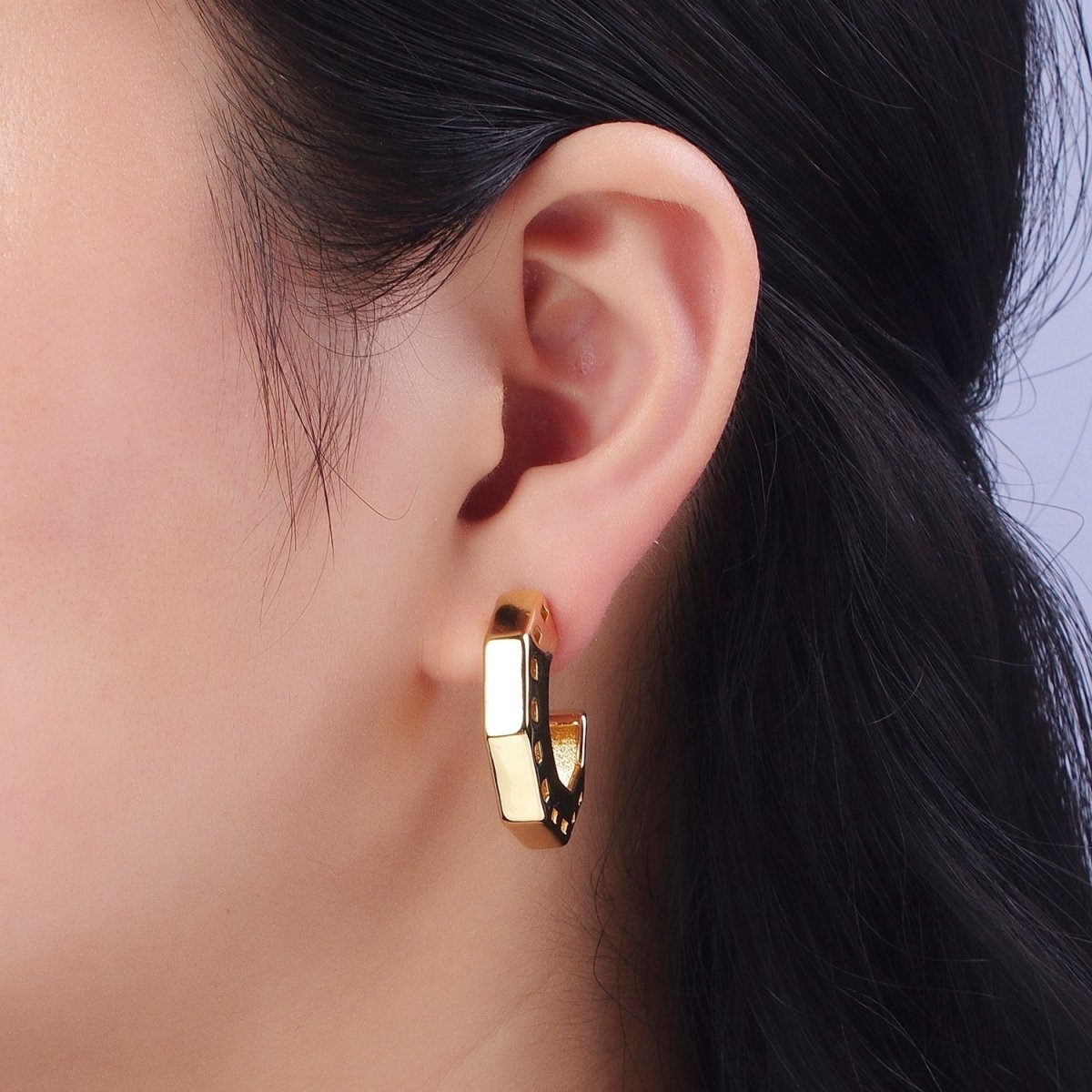 Gold / Silver Boxy Hexagonal Geometric C Shaped Hoop Stud Earrings | AE1095 AE1096