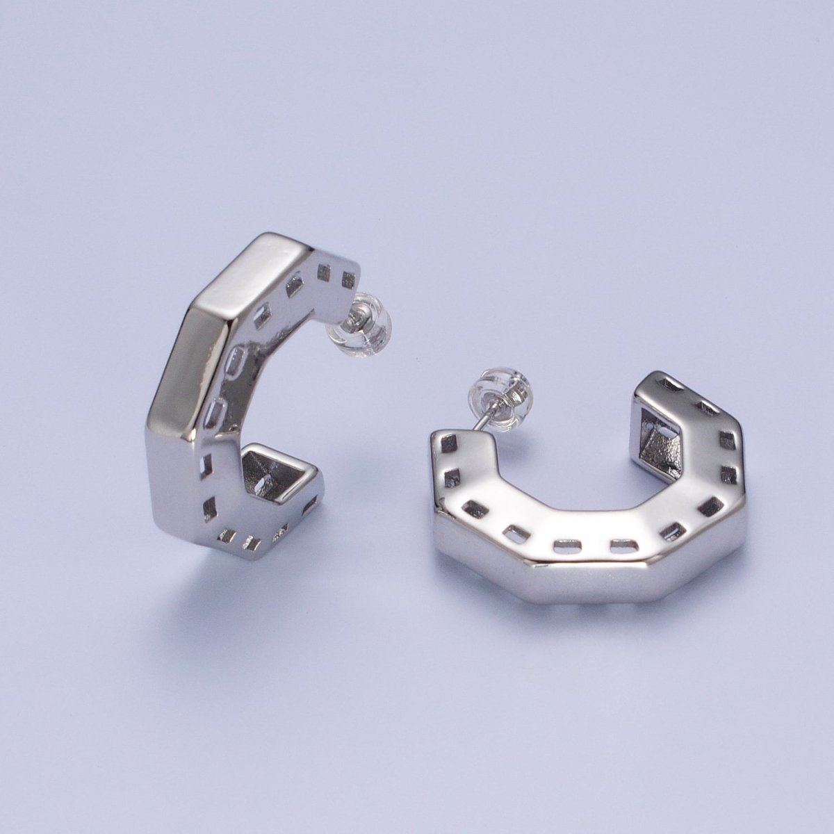 Gold / Silver Boxy Hexagonal Geometric C Shaped Hoop Stud Earrings | AE1095 AE1096