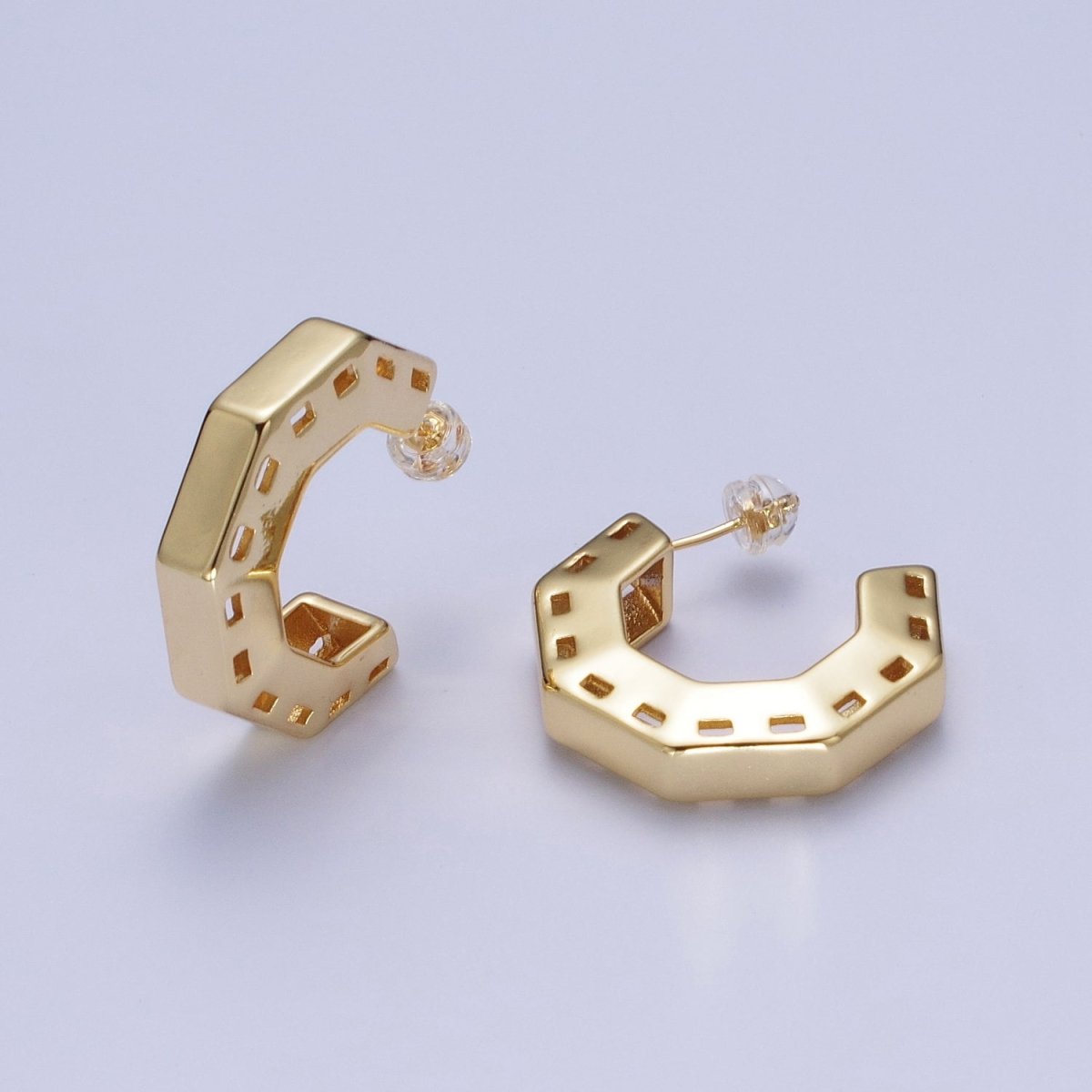 Gold / Silver Boxy Hexagonal Geometric C Shaped Hoop Stud Earrings | AE1095 AE1096