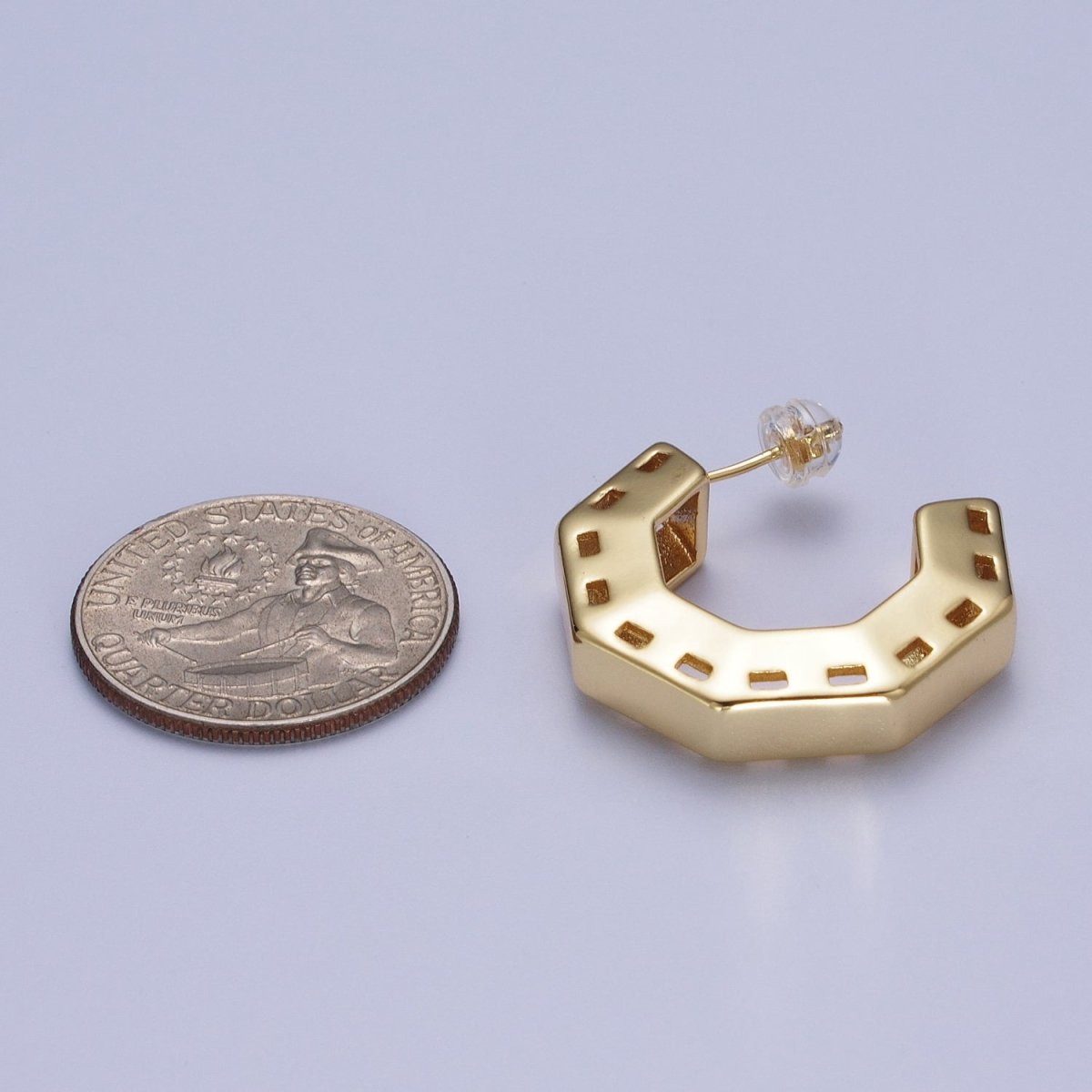 Gold / Silver Boxy Hexagonal Geometric C Shaped Hoop Stud Earrings | AE1095 AE1096