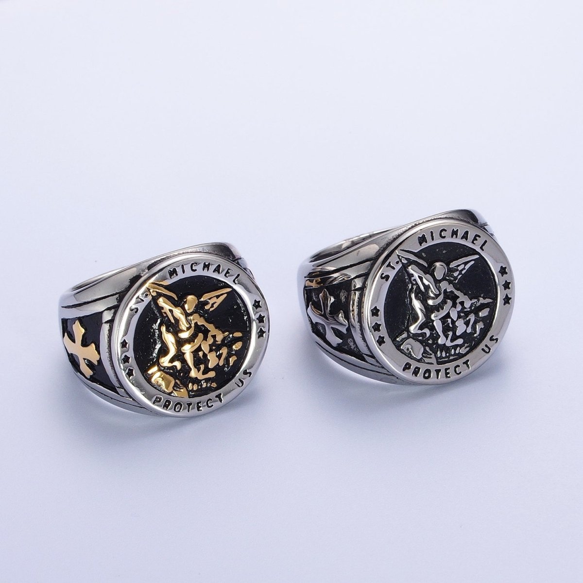 Gold, Silver, Bronze, Mixed Metal Stainless Steel Saint St. Michael Protection Signet Ring   S-014 S-015 S-016 S-017  S-332 S-333 O-2017 O-2018