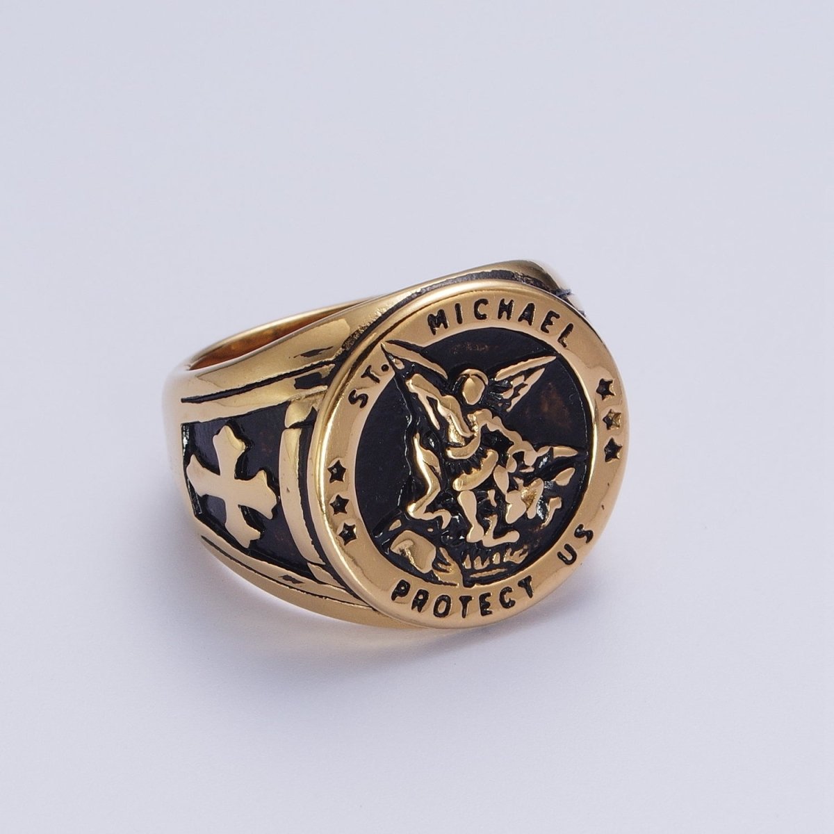 Gold, Silver, Bronze, Mixed Metal Stainless Steel Saint St. Michael Protection Signet Ring   S-014 S-015 S-016 S-017  S-332 S-333 O-2017 O-2018