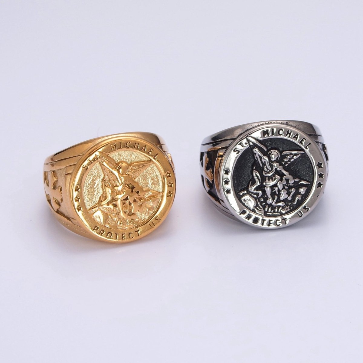 Gold, Silver, Bronze, Mixed Metal Stainless Steel Saint St. Michael Protection Signet Ring   S-014 S-015 S-016 S-017  S-332 S-333 O-2017 O-2018