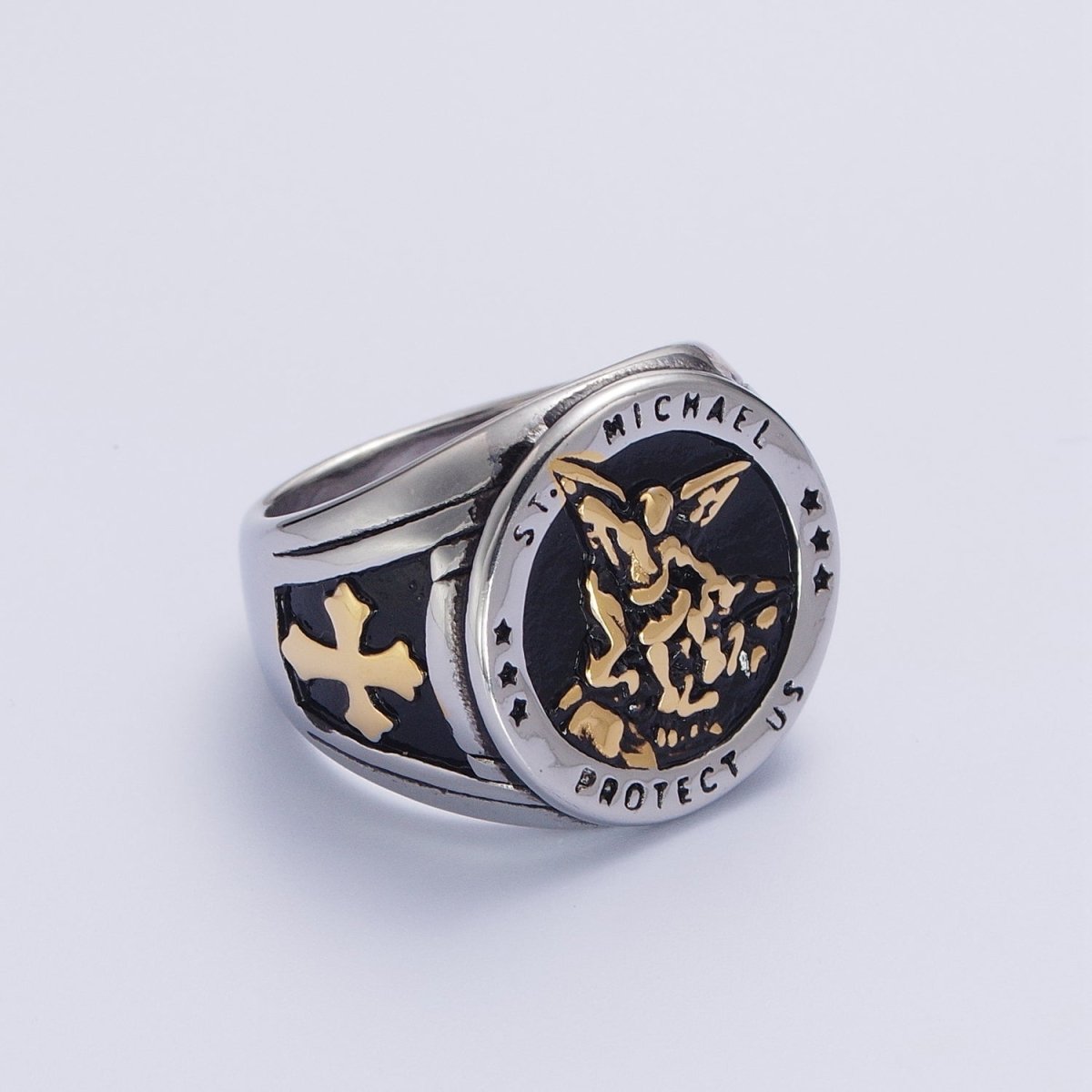 Gold, Silver, Bronze, Mixed Metal Stainless Steel Saint St. Michael Protection Signet Ring   S-014 S-015 S-016 S-017  S-332 S-333 O-2017 O-2018