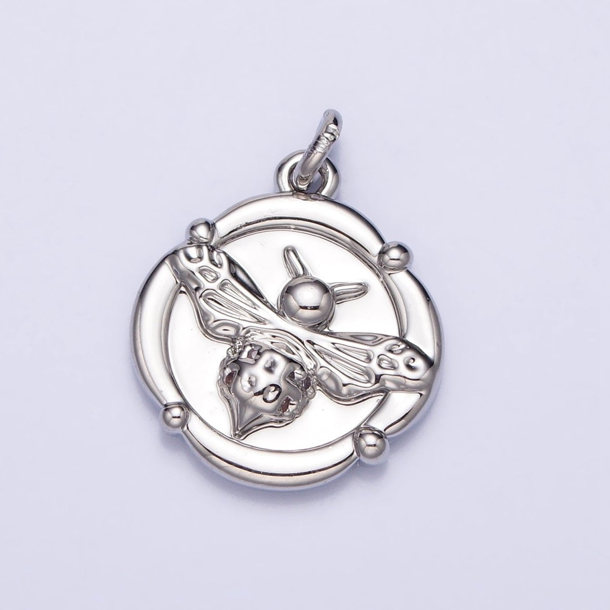 Gold, Silver Bumble Bee Micro Paved Insect Stamped Quatrefoil Round Charm | AC689 AC690