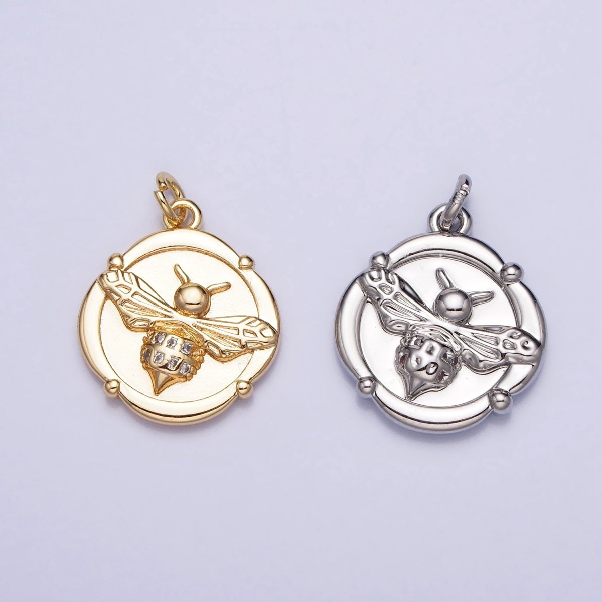 Gold, Silver Bumble Bee Micro Paved Insect Stamped Quatrefoil Round Charm | AC689 AC690