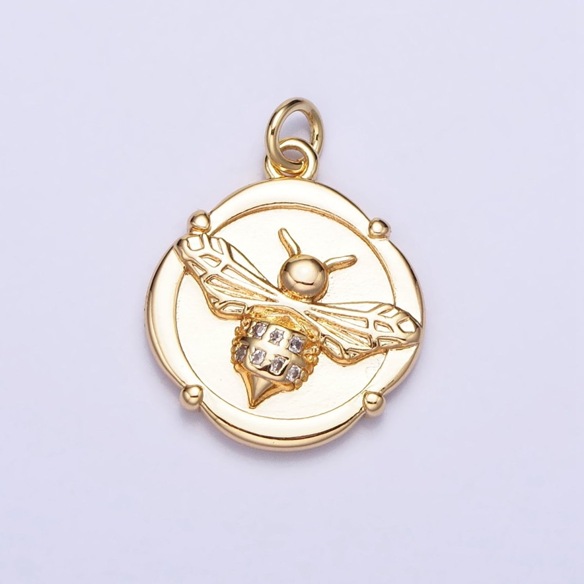 Gold, Silver Bumble Bee Micro Paved Insect Stamped Quatrefoil Round Charm | AC689 AC690
