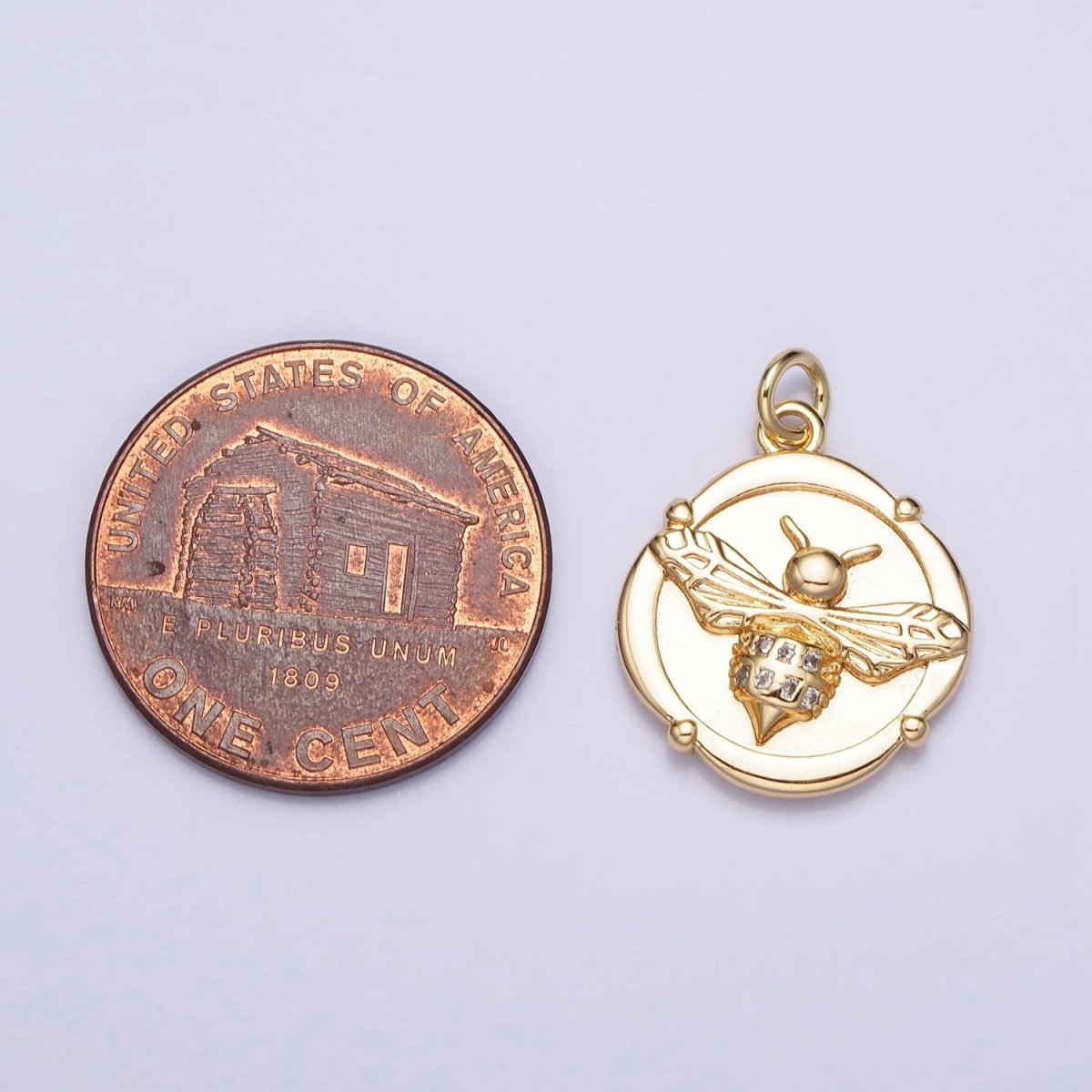 Gold, Silver Bumble Bee Micro Paved Insect Stamped Quatrefoil Round Charm | AC689 AC690