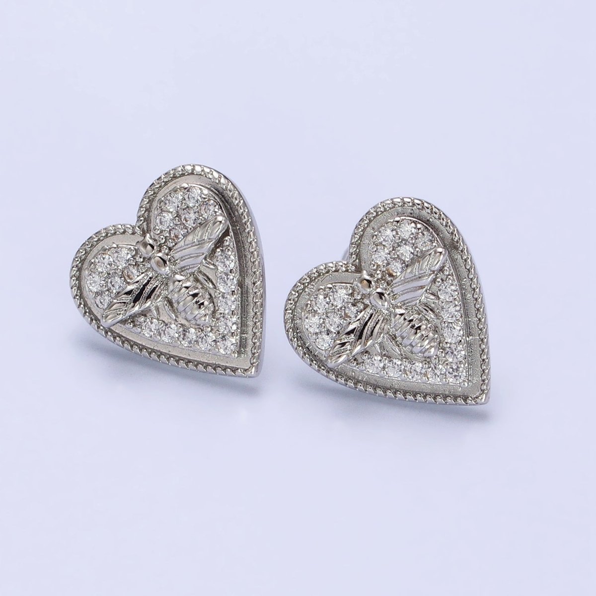 Gold, Silver Bumble Queen Bee Micro Paved CZ Heart Stud Earrings | AB459 AB489