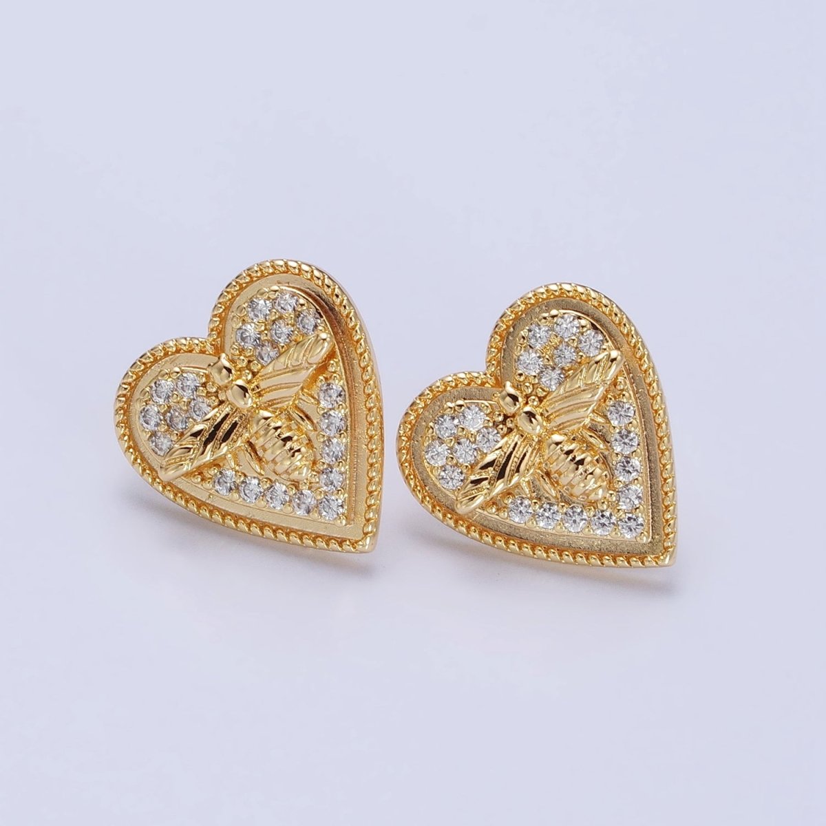 Gold, Silver Bumble Queen Bee Micro Paved CZ Heart Stud Earrings | AB459 AB489
