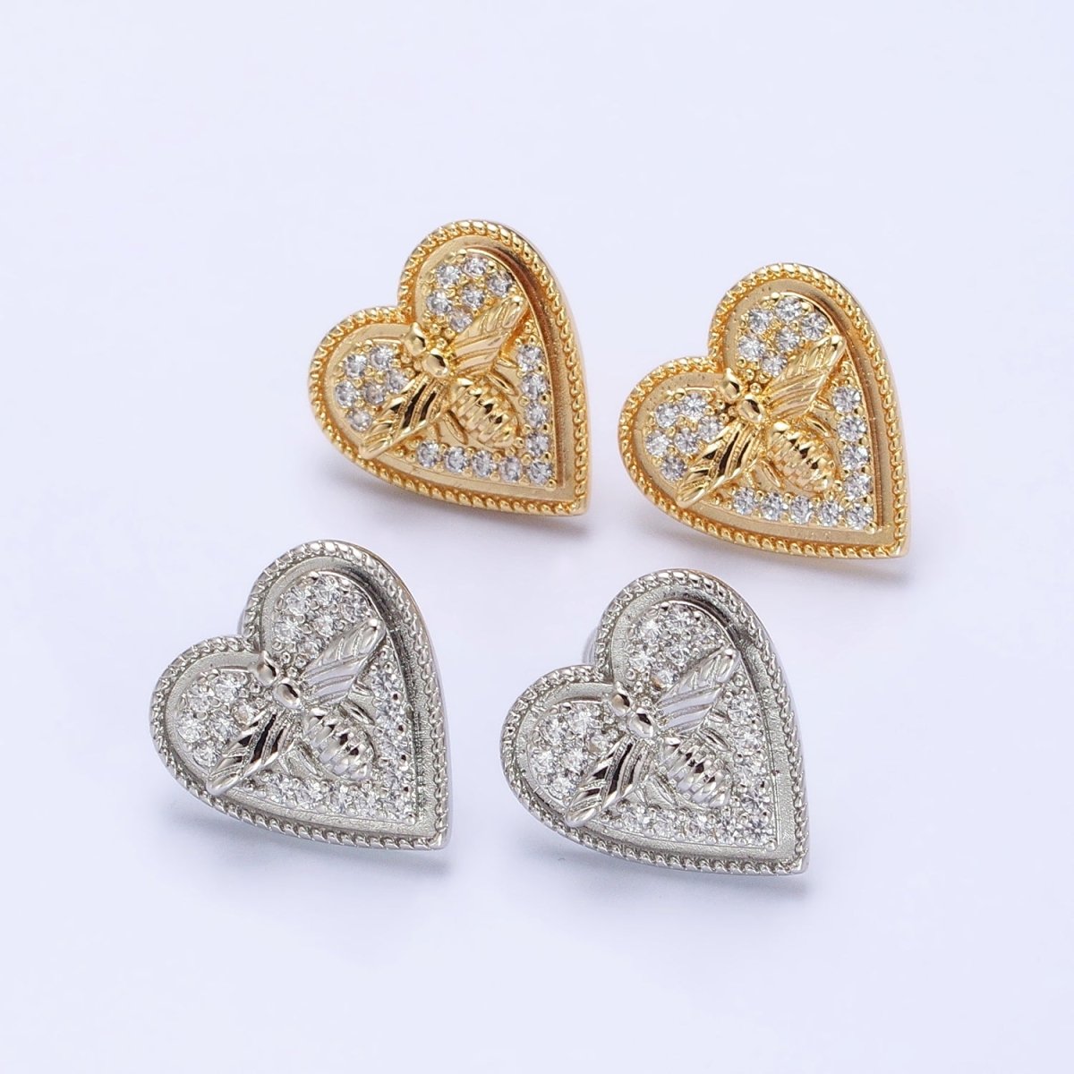 Gold, Silver Bumble Queen Bee Micro Paved CZ Heart Stud Earrings | AB459 AB489