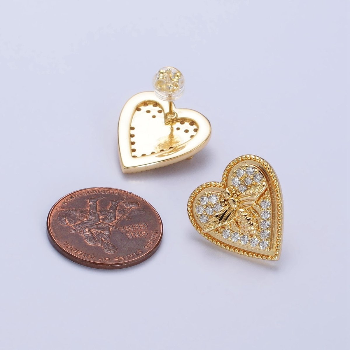Gold, Silver Bumble Queen Bee Micro Paved CZ Heart Stud Earrings | AB459 AB489