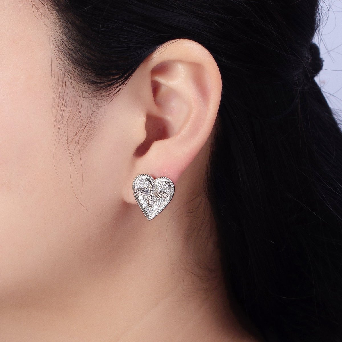 Gold, Silver Bumble Queen Bee Micro Paved CZ Heart Stud Earrings | AB459 AB489