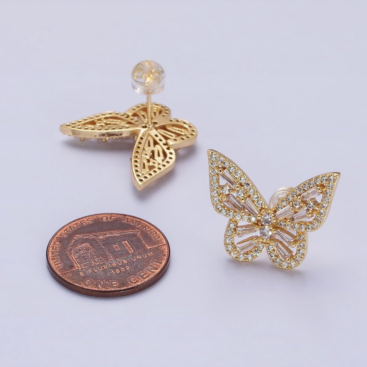 Gold, Silver Butterfly Mariposa Open Baguette Micro Paved CZ Wings Stud Earrings | AB-673 AD-425