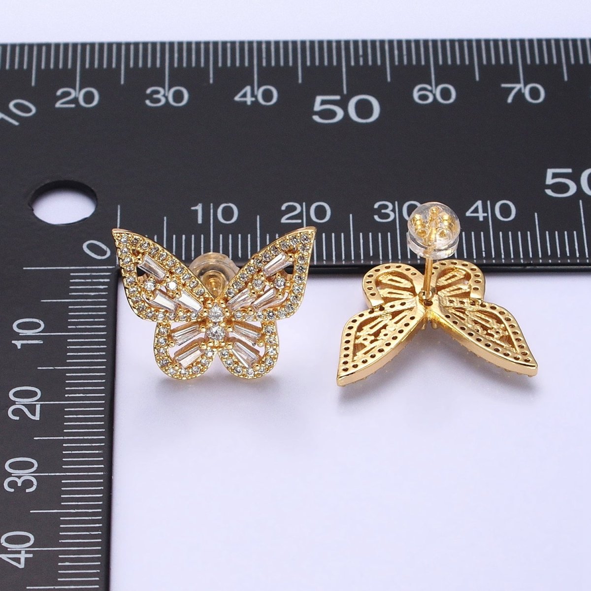 Gold, Silver Butterfly Mariposa Open Baguette Micro Paved CZ Wings Stud Earrings | AB-673 AD-425