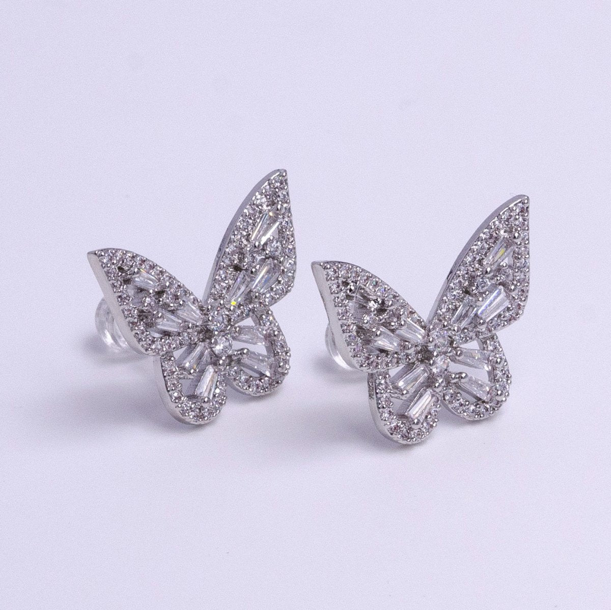 Gold, Silver Butterfly Mariposa Open Baguette Micro Paved CZ Wings Stud Earrings | AB-673 AD-425