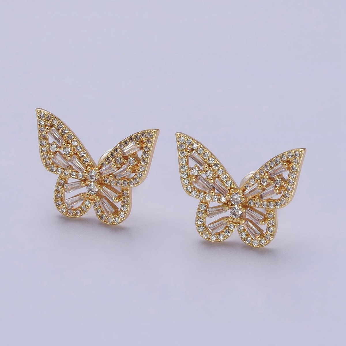 Gold, Silver Butterfly Mariposa Open Baguette Micro Paved CZ Wings Stud Earrings | AB-673 AD-425