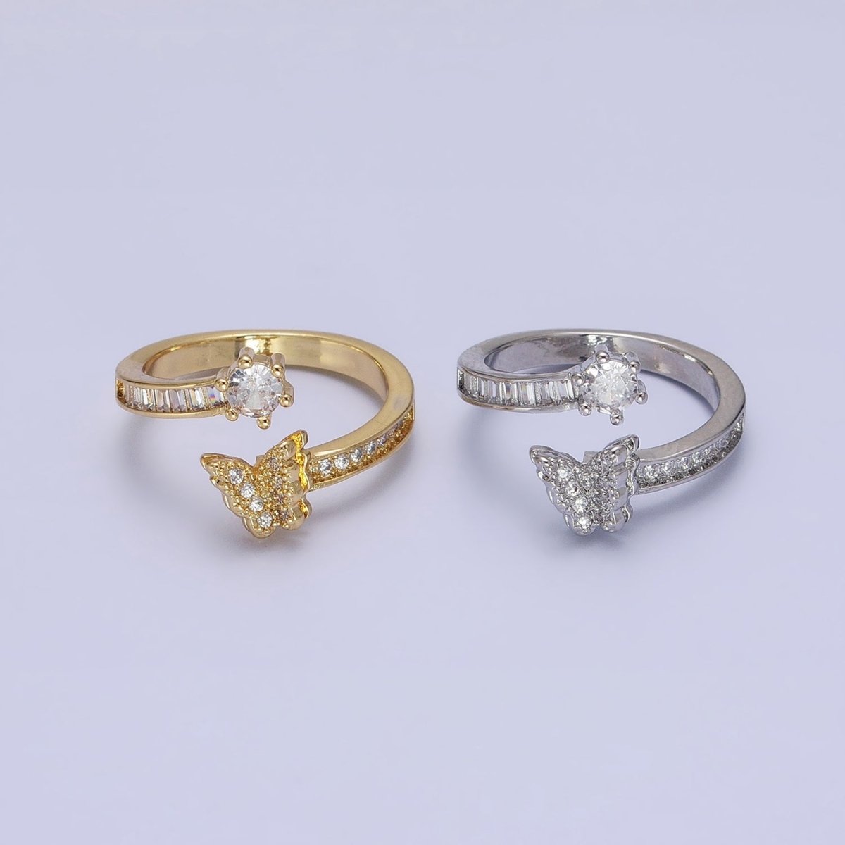 Gold, Silver Butterfly Round Clear CZ Baguette Open Ring | O-1511 O-1512