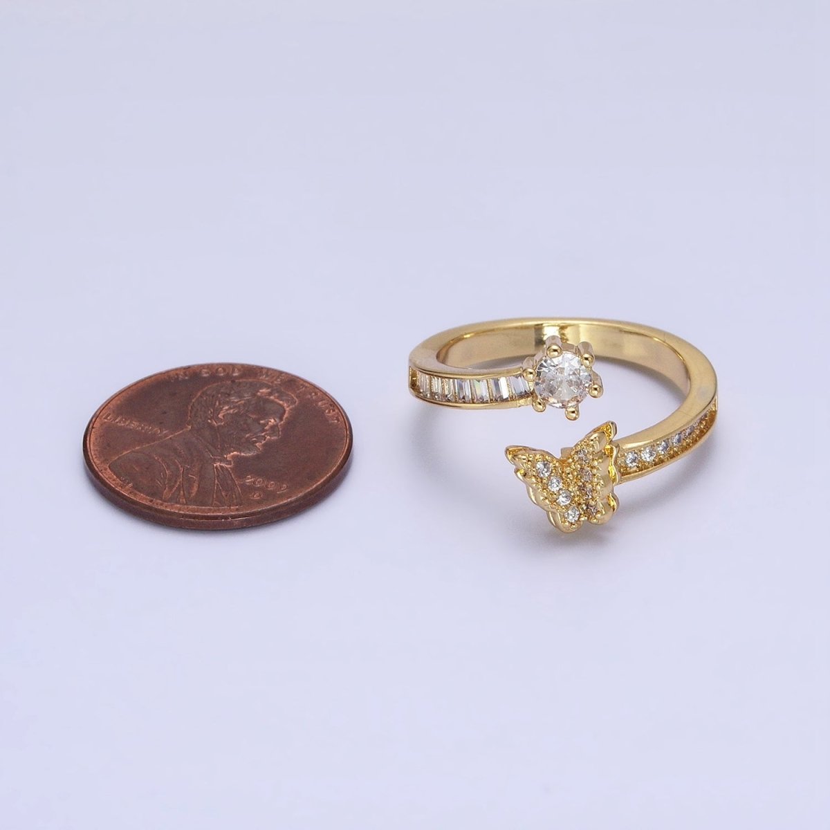 Gold, Silver Butterfly Round Clear CZ Baguette Open Ring | O-1511 O-1512