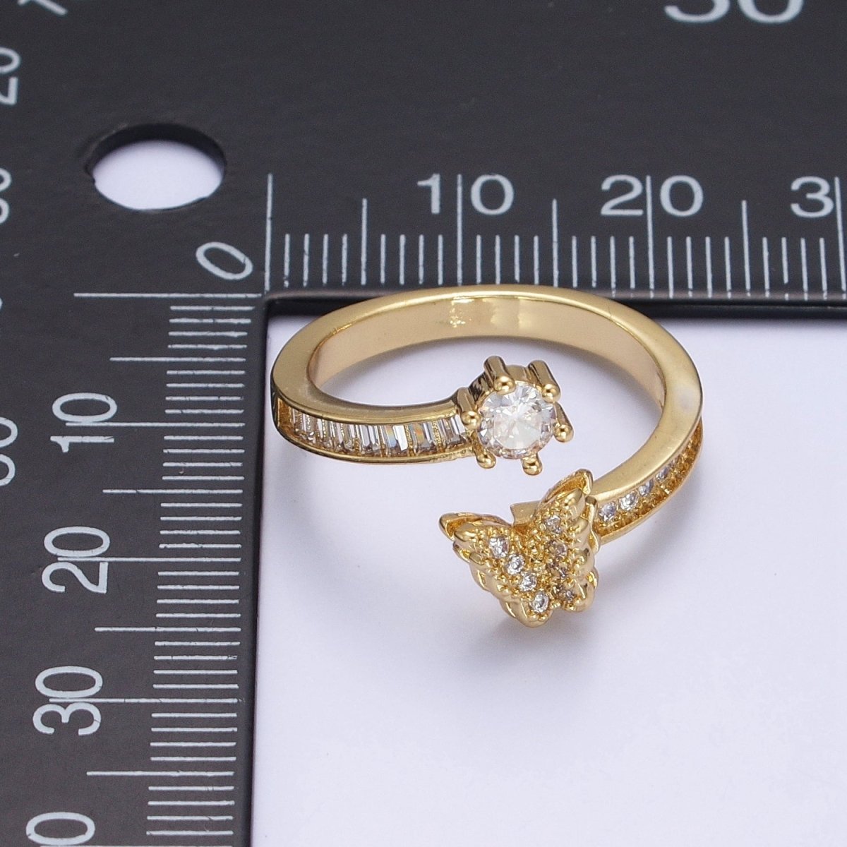 Gold, Silver Butterfly Round Clear CZ Baguette Open Ring | O-1511 O-1512