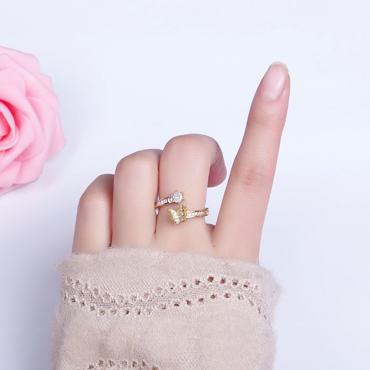 Gold, Silver Butterfly Round Clear CZ Baguette Open Ring | O-1511 O-1512