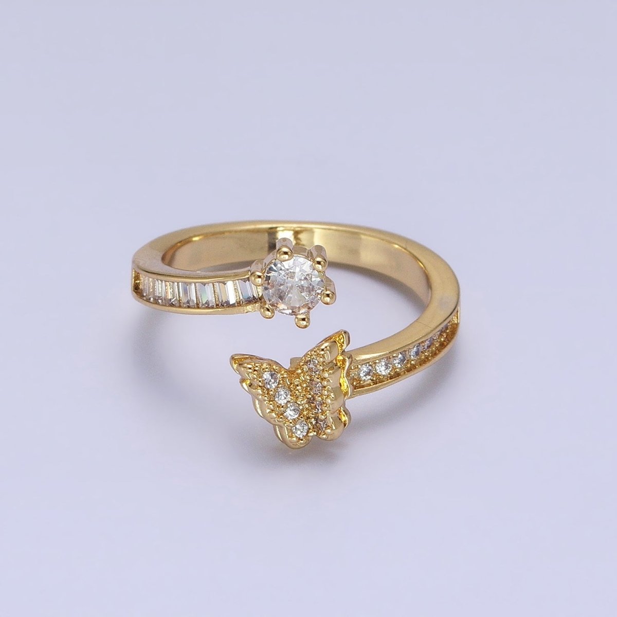 Gold, Silver Butterfly Round Clear CZ Baguette Open Ring | O-1511 O-1512