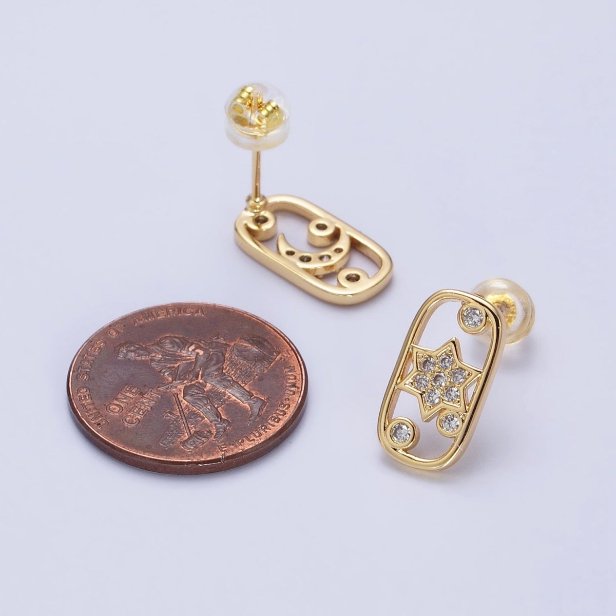 Gold, Silver Celestial Crescent Moon Star Rectangular Open Stud Earrings Mismatched Earrings | AB564 AB567