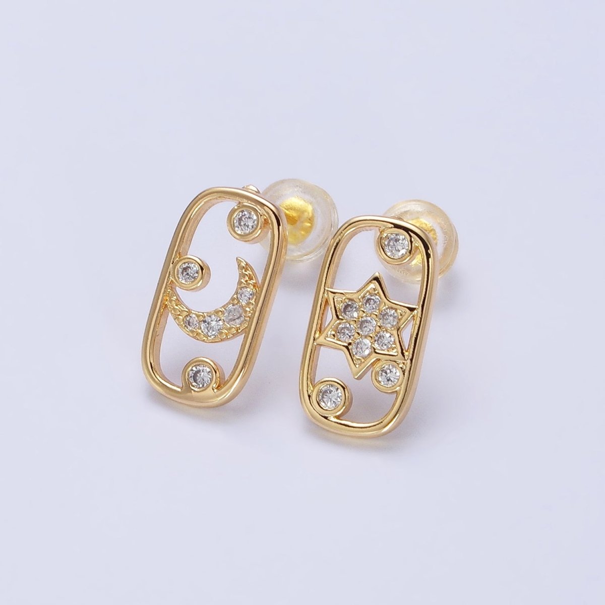 Gold, Silver Celestial Crescent Moon Star Rectangular Open Stud Earrings Mismatched Earrings | AB564 AB567