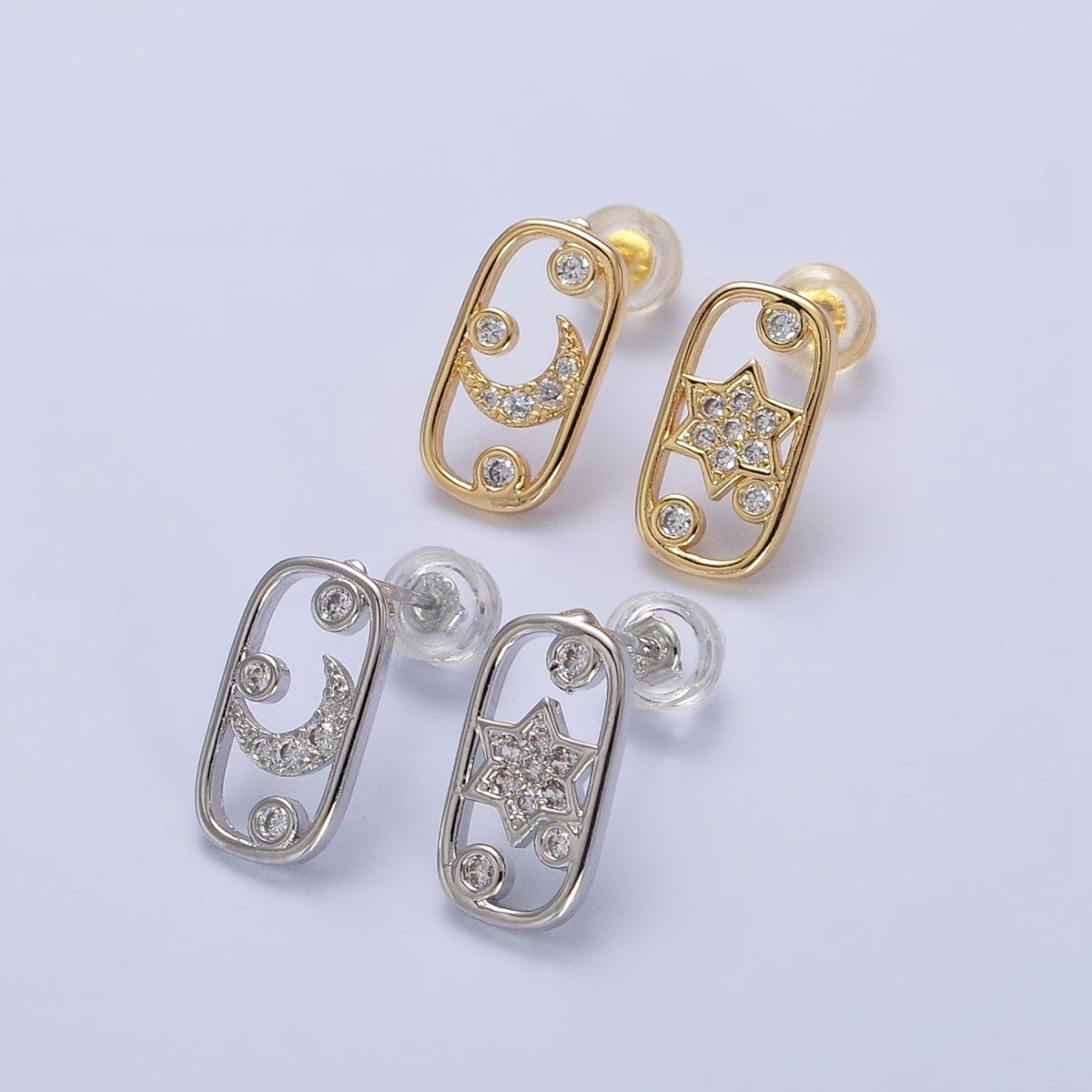 Gold, Silver Celestial Crescent Moon Star Rectangular Open Stud Earrings Mismatched Earrings | AB564 AB567