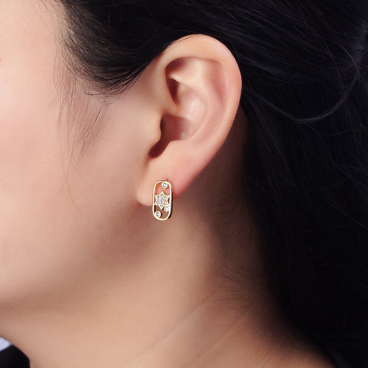 Gold, Silver Celestial Crescent Moon Star Rectangular Open Stud Earrings Mismatched Earrings | AB564 AB567