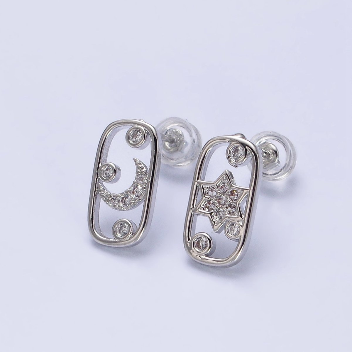 Gold, Silver Celestial Crescent Moon Star Rectangular Open Stud Earrings Mismatched Earrings | AB564 AB567